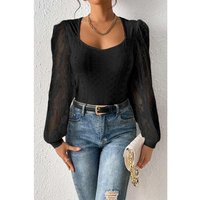 Azura Exchange Zwarte Franse Contrast Kant Bisschop Mouw Bodysuit